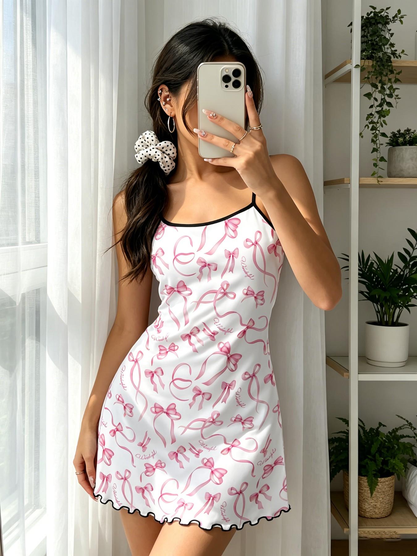 4-Pack Bow Print Nightdresses for Women, Nightwear Loungewear Sleeveless H-Type Slim Fit, Breathable Lightweight, Perfect for Spring Summer, Daily Home Wear