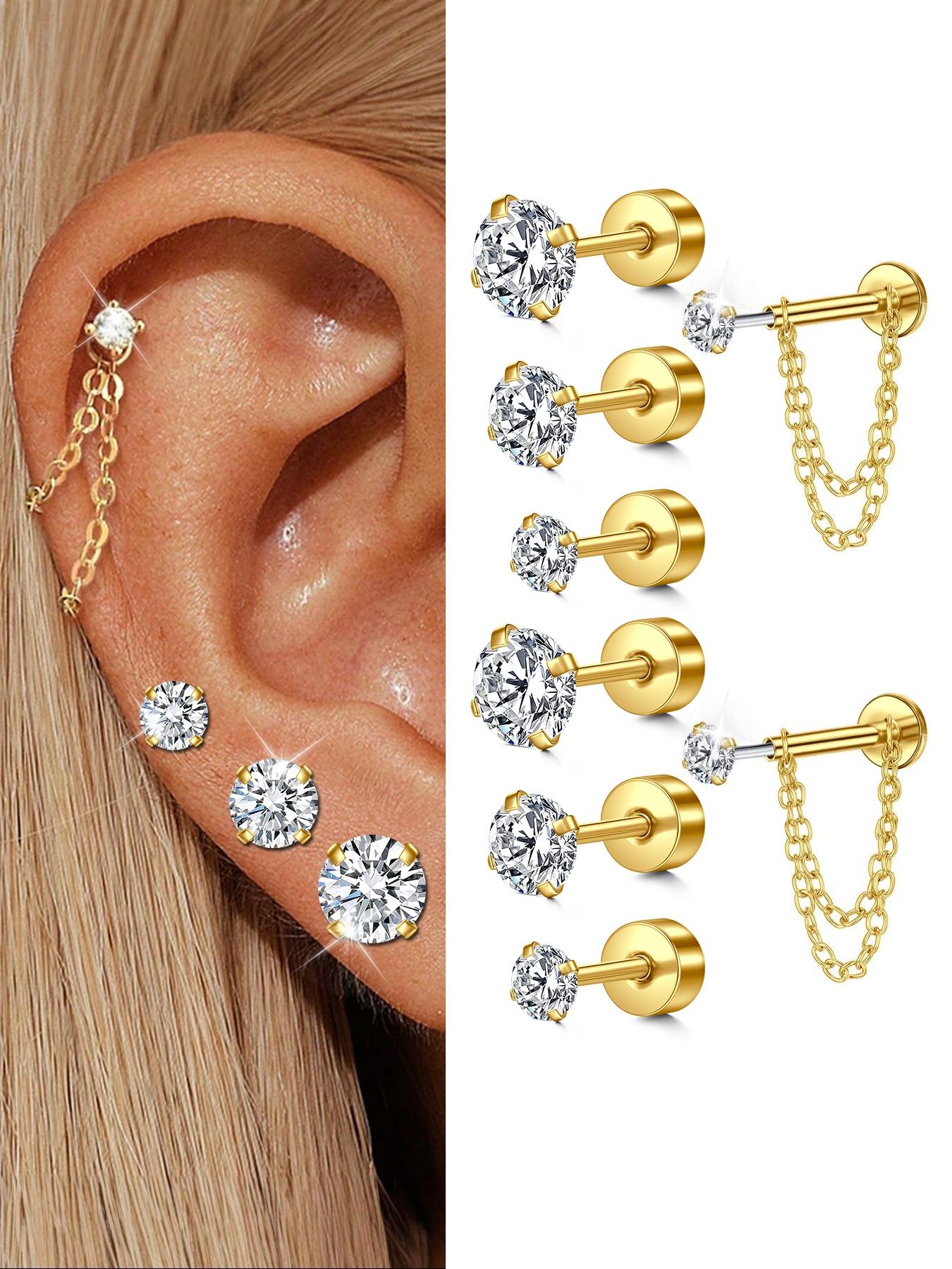 Stainless Steel Helix & Tragus Earrings, 20g Opal & Cz Accents, Chain Design, 3mm-5mm, Unisex Cartilage Piercing Jewelry, Bling Chain