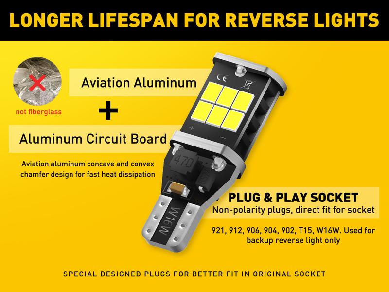 AUXITO 912 921 LED Bulb for Backup Light Reverse Lights High Power 2835 15-SMD Chipsets Error Free T15 906 922 W16W Bulbs, 6000K White Daytime Running Lights (Upgraded, Pack of 2)