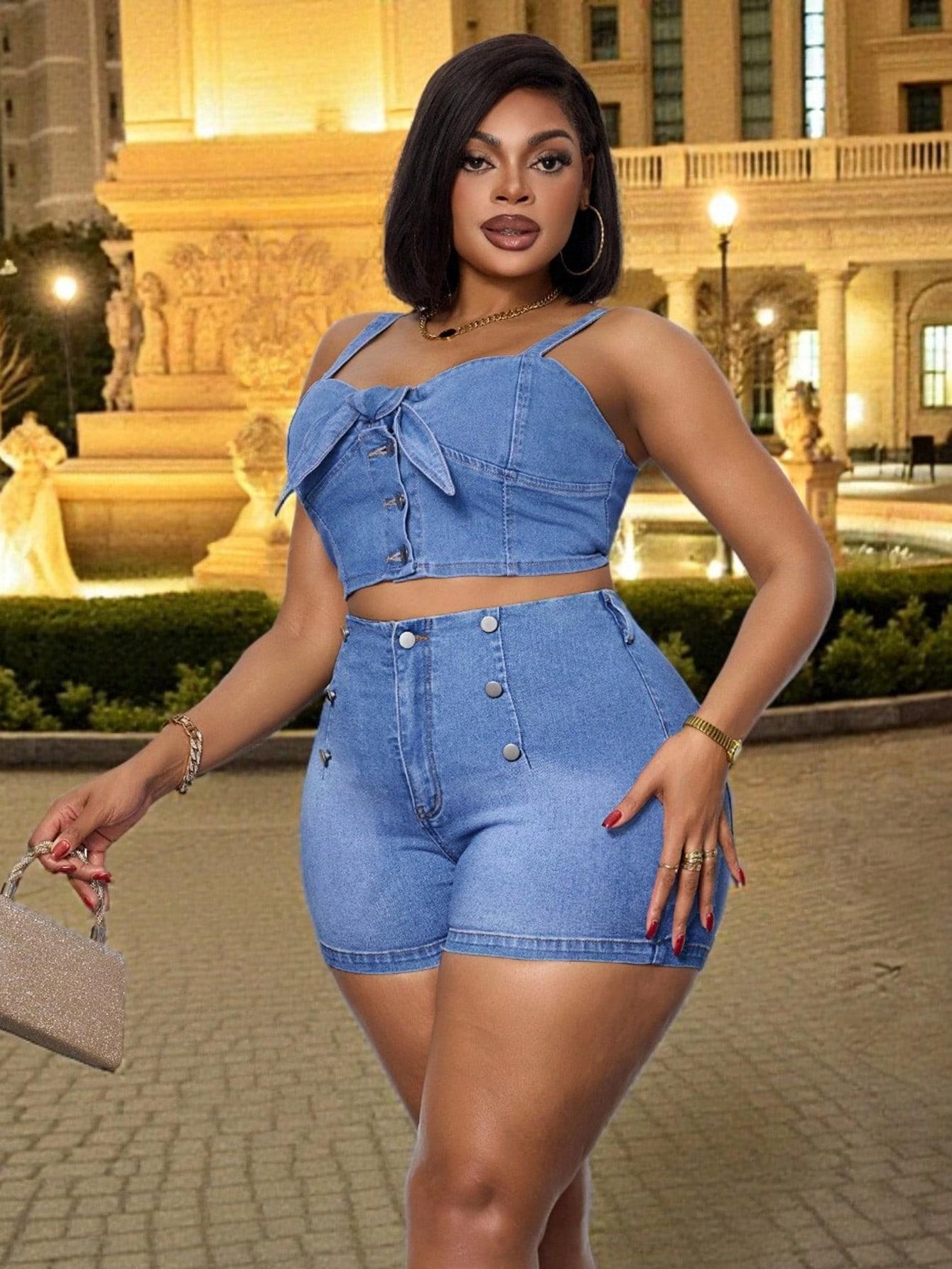 Plus Size Women's Denim Shorts with Double Button Design, Washed Jean Short Pants for Casual Wear, Comfortable and Stylish