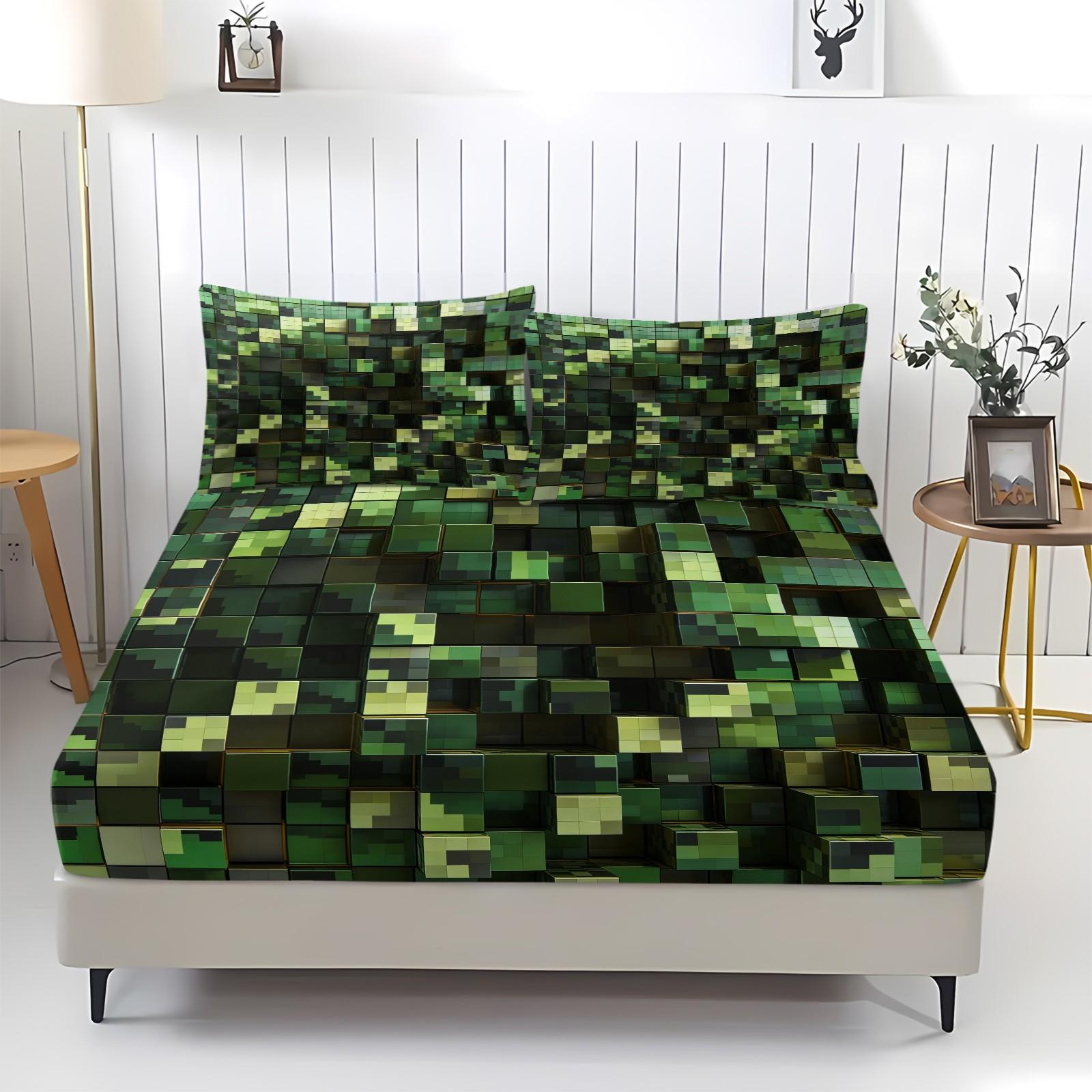 Deep Sea Neon Cube 3D Visual Fitted Sheet Set & 2 Pillowcases No Core, Blue Metallic or Glass Reflective Textures Square Matrix Blocks Design, Soft Wrinkle-Resistant, Futuristic Bedroom Decor, Gift Choice