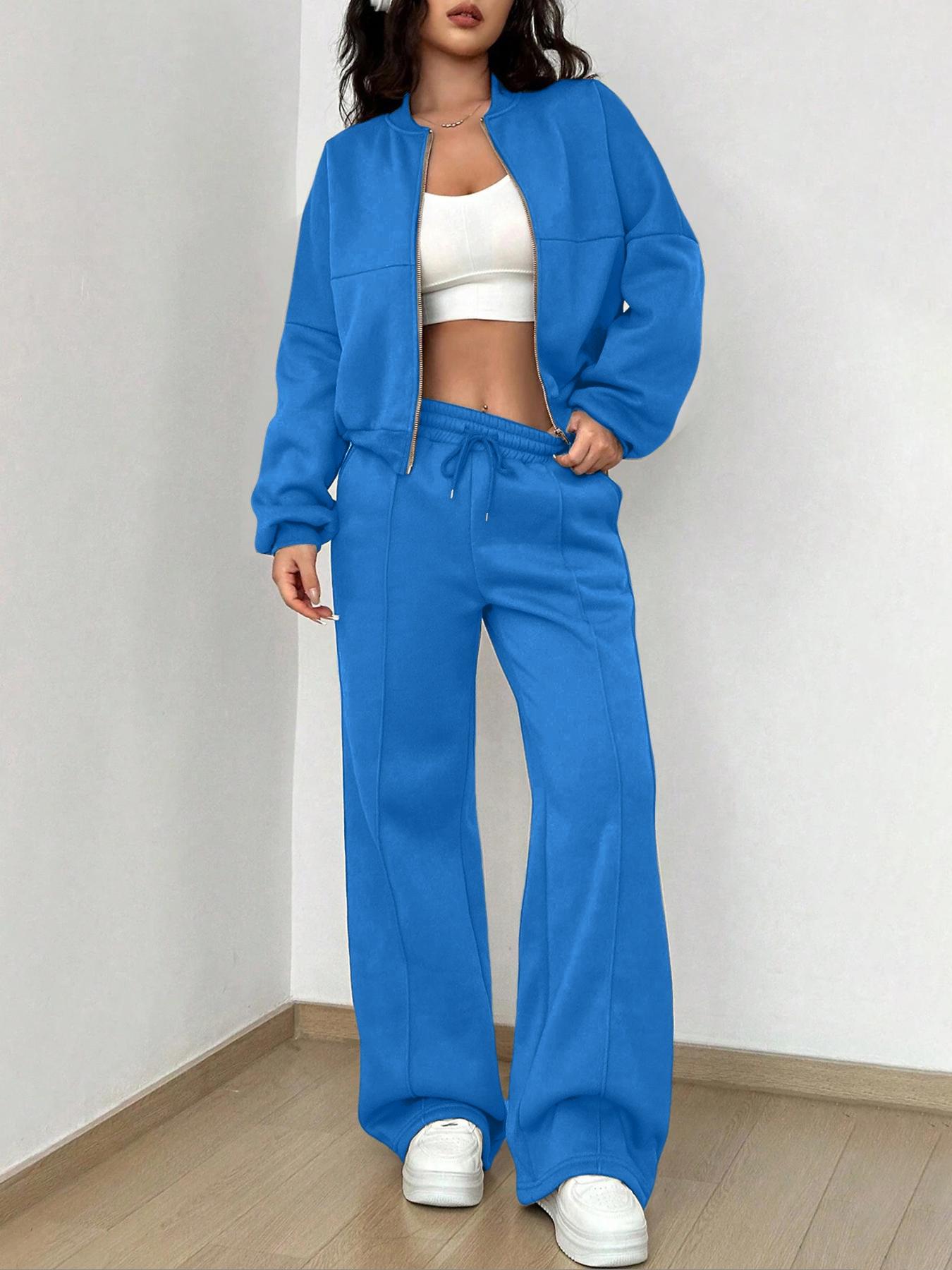 Women's Solid Zip Up Crop Jacket & Drawstring Waist Pants Two-piece Set, Casual Fashion Drop Shoulder Long Sleeve Top & High Waist Trousers for Daily Outdoor Wear, Women's Clothing for Spring & Fall
