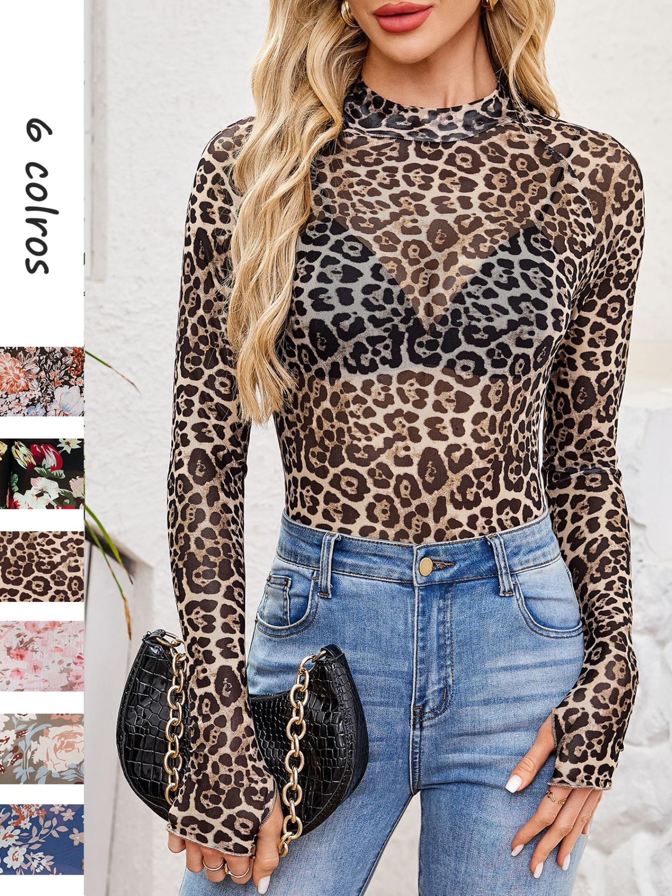 Women's Ditsy Floral Long Sleeve Top, Contrast Mesh Patchwork, Sexy High Neck Blouse, Fashion Casual Fitted Bottom Layer