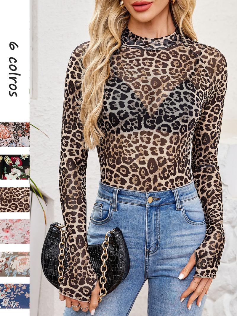 Women's Ditsy Floral Long Sleeve Top, Contrast Mesh Patchwork, Sexy High Neck Blouse, Fashion Casual Fitted Bottom Layer
