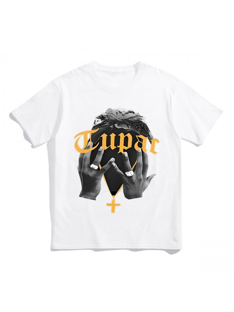 [Black and white, plus-size womens clothing] [1pc Tupac T-Shirt] Tupac Printed 1pc Womens T-Shirt | Classic Patterns with Hip-Hop Culture | Perfect Holiday Gift