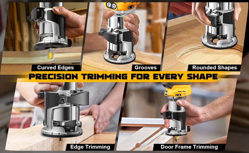 800W Cordless Compact Router Compatible with DeWalt 20V Battery, Battery NOT Included, 6 Variable Speeds Router Tool for Woodworking, 30,000 RPM Fixed Base Wood Router with Trim Router Bits, Edge & Roller Guide, Dust Hood