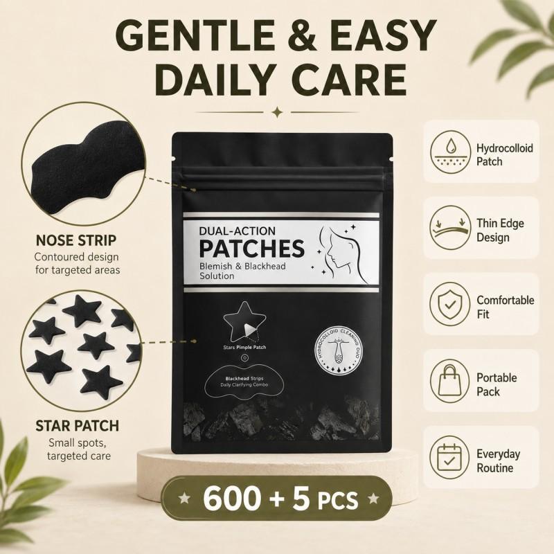 600+5Pcs Black and White Star Hydrocolloid Pimple Patches and Black Nose Strips, 2-in-1 Large Facial Blemish Cover Set for Halloween Parties, Music Festivals and Photo Styling, Acne Patches, Acne Patches For Face