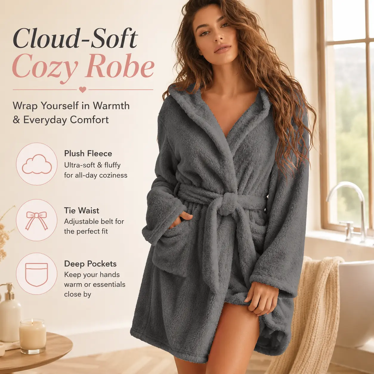Women's Plush Fleece Hooded Robe, Soft Warm Bathrobe with Tie Waist & Deep Pockets, Cozy Short Lounge Robe for Shower, Spa, Pajama Night, Self Care, Gifts for Her, Winter Loungewear, Fluffy Housecoat, Soft Pajamas Cover Up in Pink Gray Black