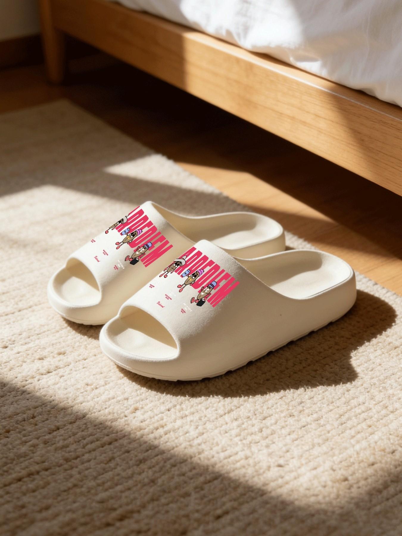 1 Pair Cartoon Ice Cream Girl Letter Printed Thick Sole Slippers, Sweet Cool Girl Style, Non-slip Soft Sole, Indoor & Outdoor Dual-use, Open Toe Slides, Casual Slippers