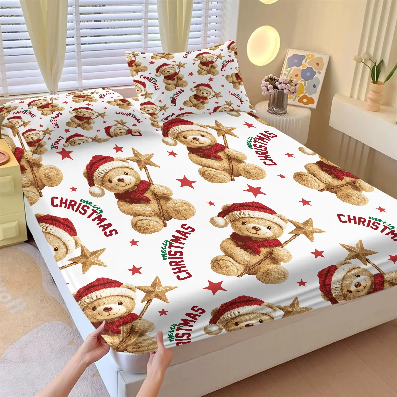 3Pcs Cute Vintage Christmas Teddy Bear Fitted Sheet Set (1 Fitted Sheet + 2 Pillowcases), Soft Microfiber Fabric With Deep Pocket Design, Cozy Holiday Bedding For Kids And Girls Bedroom, Gift For Teddy Bear Lovers, Bedding Sets