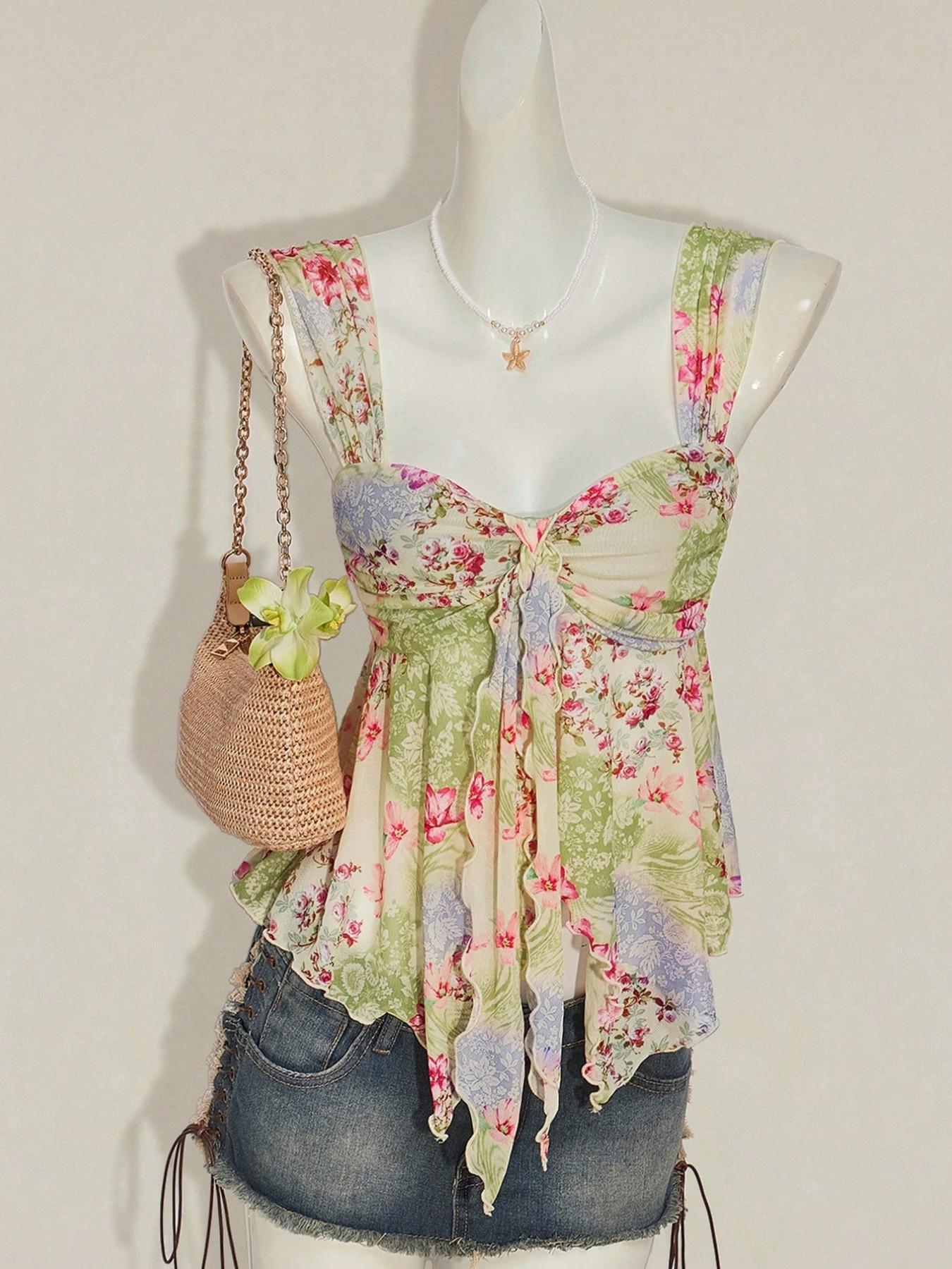 Summer Beach Vacation Floral Mesh Halter Top, Cute Asymmetrical Hem Sleeveless Women's Transparent Shirt, Small Fresh Style