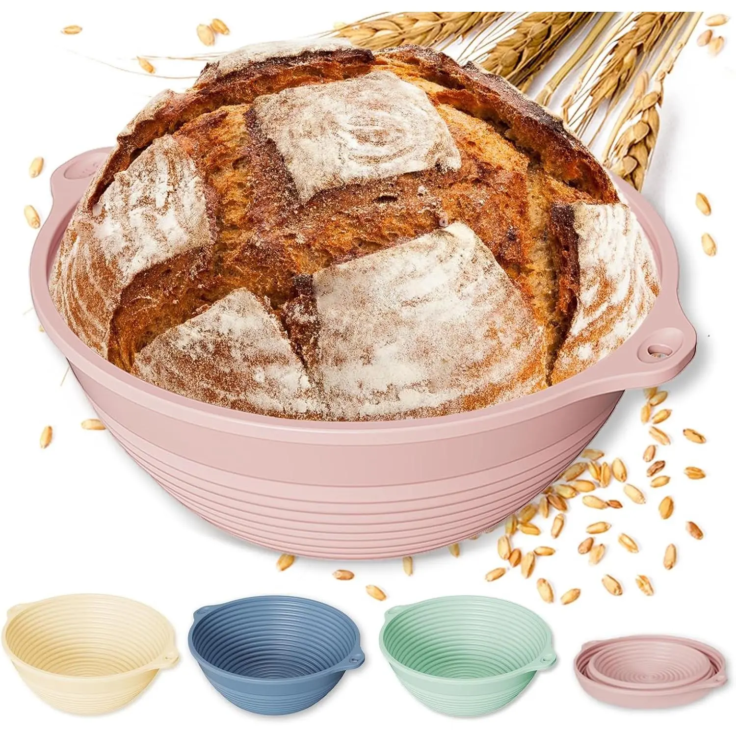 4Pcs 9" Silicone Banneton Bread Proofing Baskets with Dual Handles | Non-Stick Sourdough Proofing Bowls Round, Sturdy Reinforced Rim Support, Oven, Freezer & Dishwasher Safe, Foldable, BPA Free
