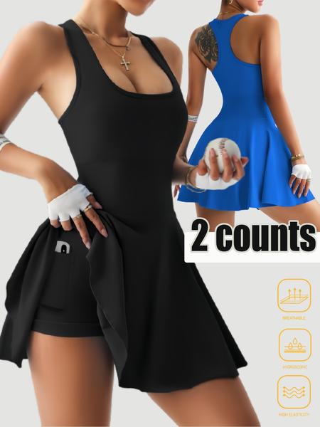 Women's Solid Square Neck Sports Tank Dress, Casual Sporty Sleeveless Bodycon Dress for Yoga Gym Workout, Ladies Sportswear for All Seasons
