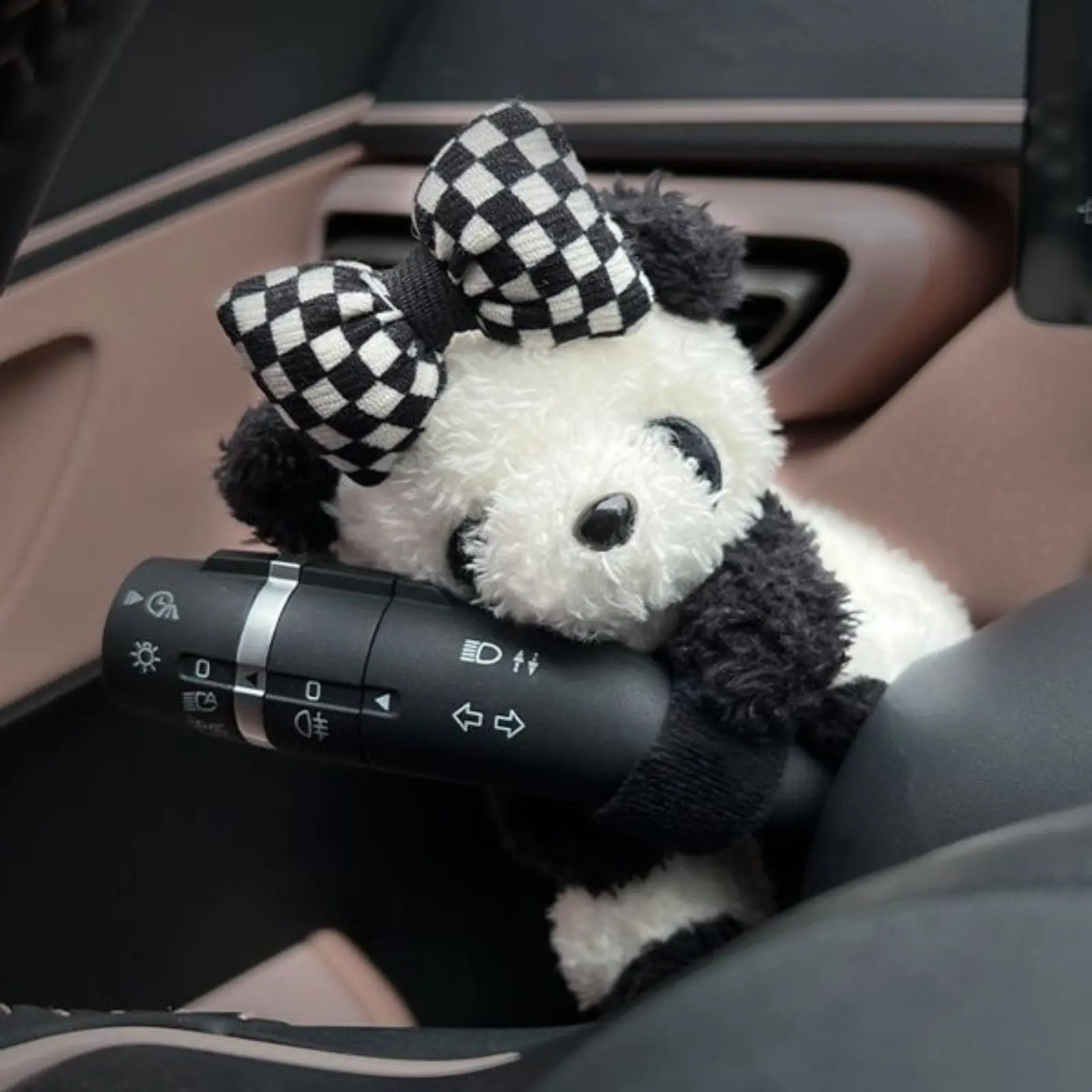 Cute Panda Car Steering Lever Plush Ornament Checkerboard Bow Knot Turn Signal Wiper Stalk Plushie Kawaii Auto Interior Decoration Gift for Women Girl, Interior Gift