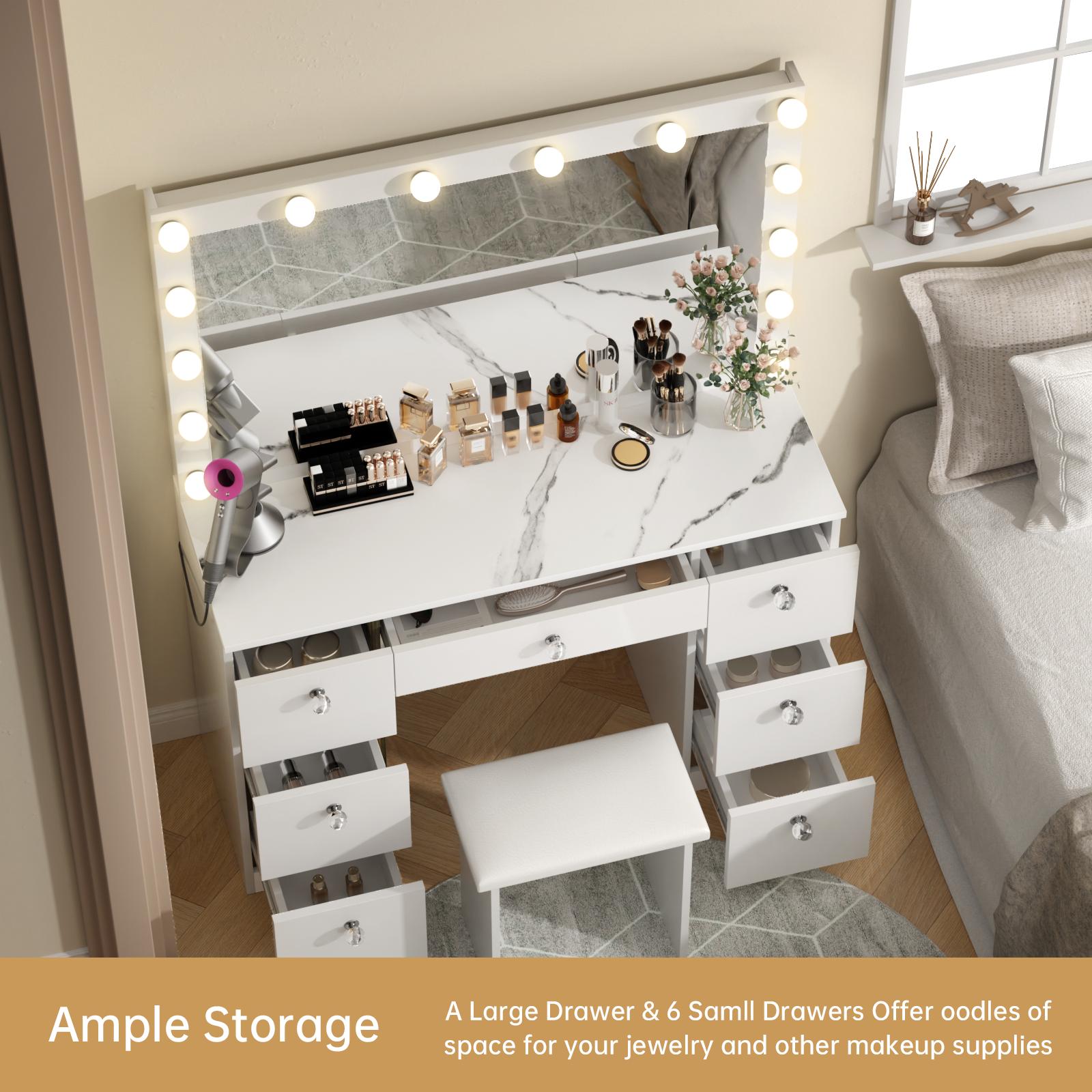 VOWNER 44" Makeup Vanity Table Desk Set With Power Outlet, 14 LED Bulbs Lights Mirror and 7 Drawers Furniture Bedroom, vanity mirror