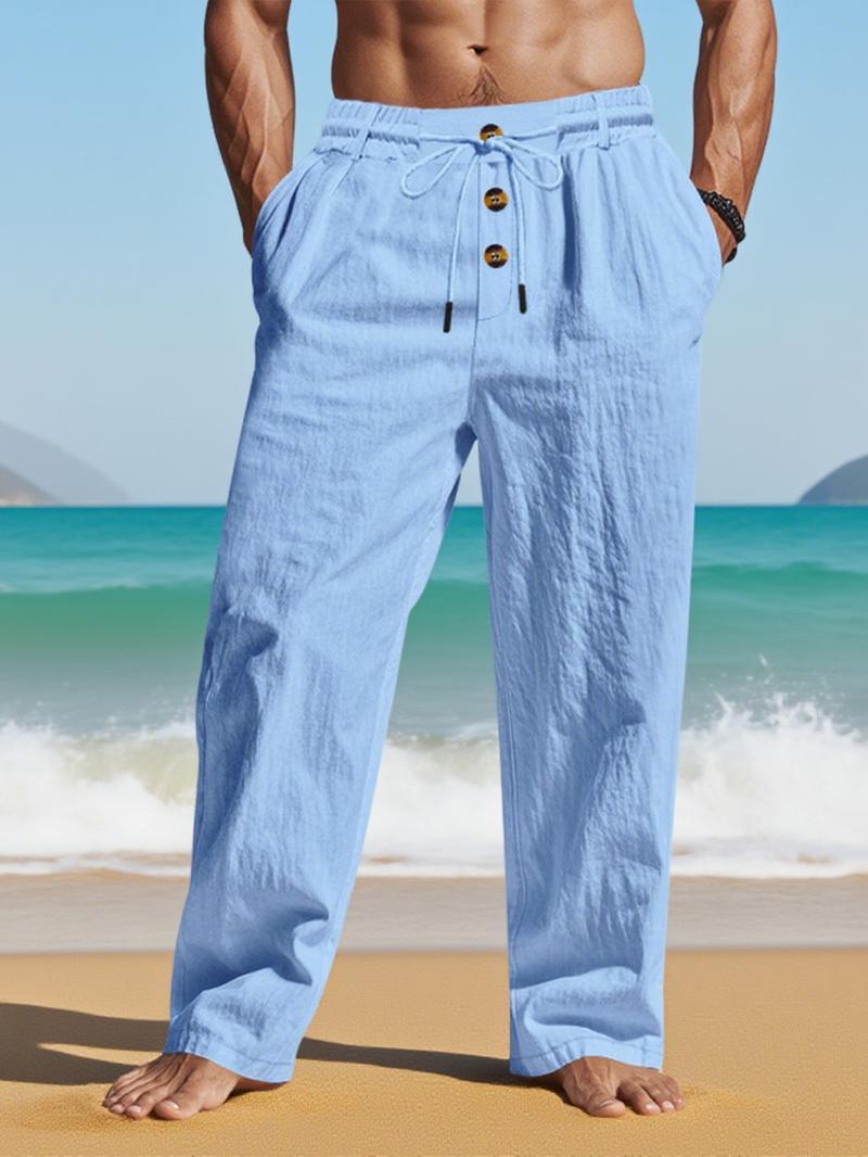 Men's solid - color linen straight - leg pants, drawstring - waist casual long pants with pocket design, loose - fitting wide - leg pants suitable for all seasons, light - washed loose - cut trousers for daily wear, Casual Beach Pants