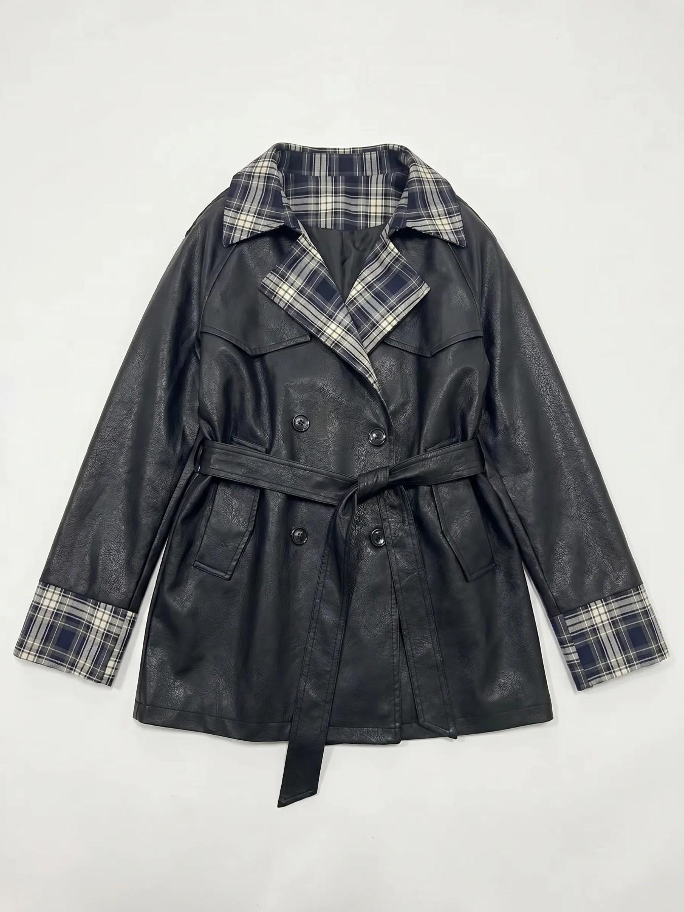 2026 Fall Winter New British Style Aesthetic Short Trench Coat for Women, Stand Collar Patchwork Plaid Fashion Loose Outerwear, Trendy Ladies Jacket