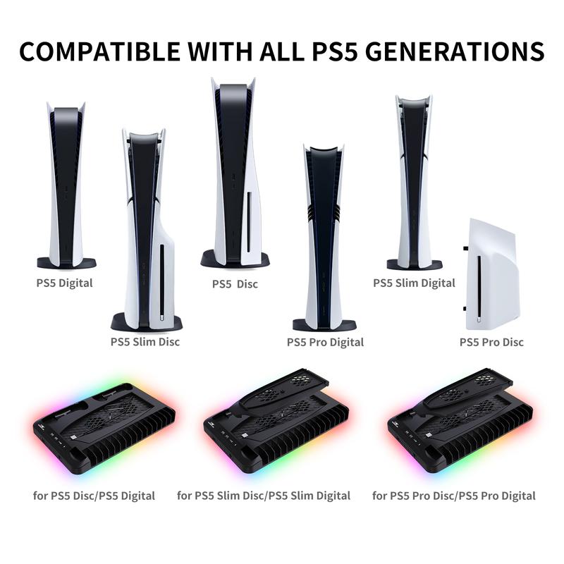 GAMINJA P58 Charging Base Cooling Bracket Compatible With PS5 Console, Vertical Stand Cooling Fan, Multi-functional Cooling & Charging Station for PS5 Slim Pro All Model Universal GAMINJA P58 Charging Base Cooling Bracket Compatible With PS5 Console, Vertical Stand Cooling Fan, Multi-functional Cooling & Charging Station for PS5 Slim Pro All Model Universal