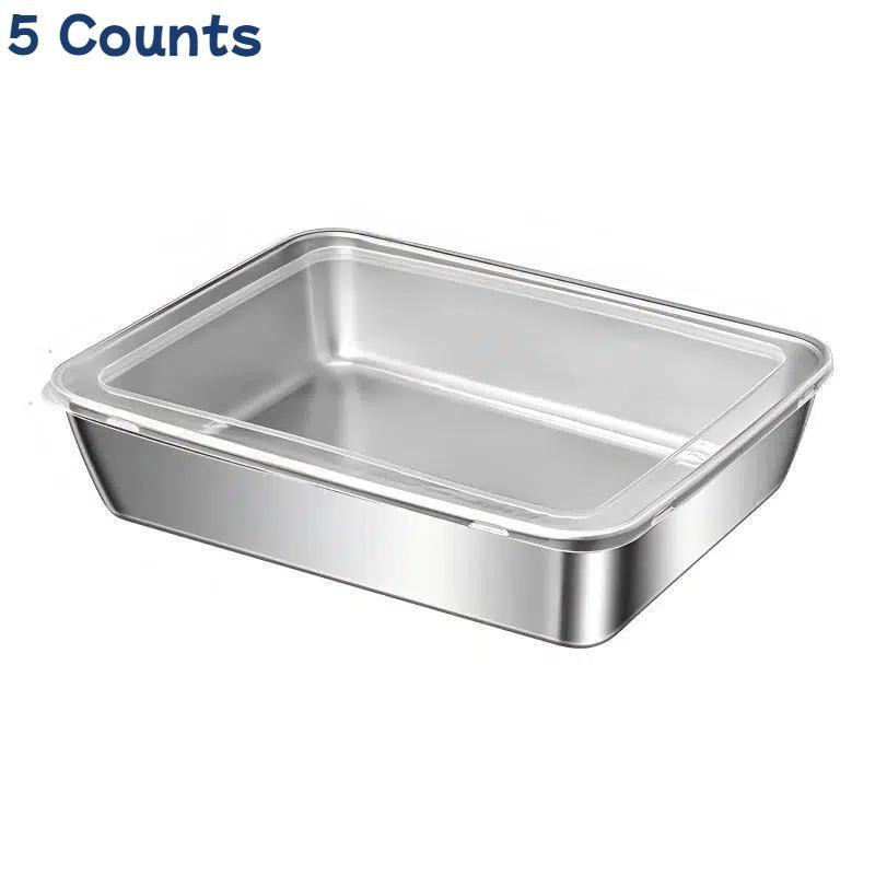 Stainless Steel Rectangular Tray with Lid – Thickened food-grade storage tray for steaming, serving and food preservation. Durable multi-purpose kitchen container, not microwave safe.