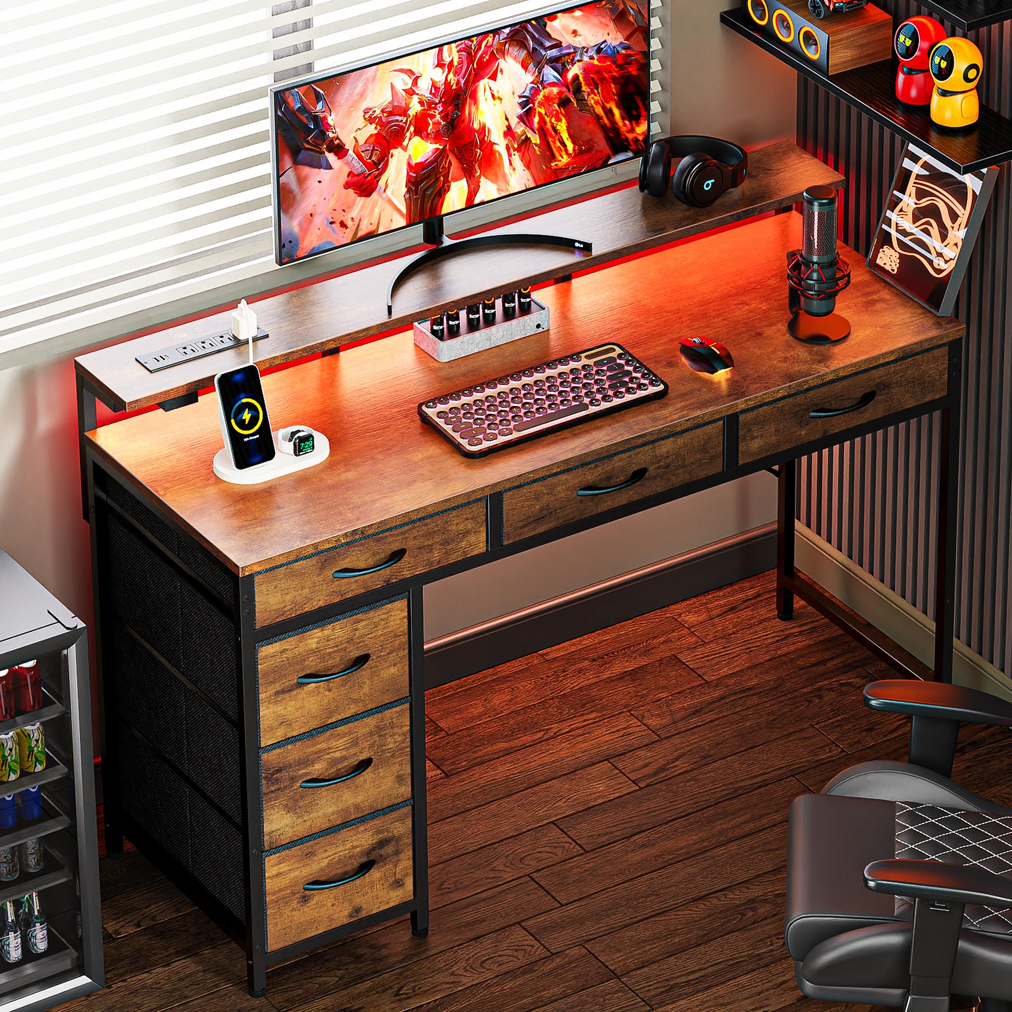 Huuger Computer Desk with Power Outlets and LED Lights, Gaming Desk with 4 Drawers, Office Desk with Monitor Stand, USB-C Port Huuger Computer Desk with Power Outlets and LED Lights, Gaming Desk with 4 Drawers, Office Desk with Monitor Stand, USB-C Port