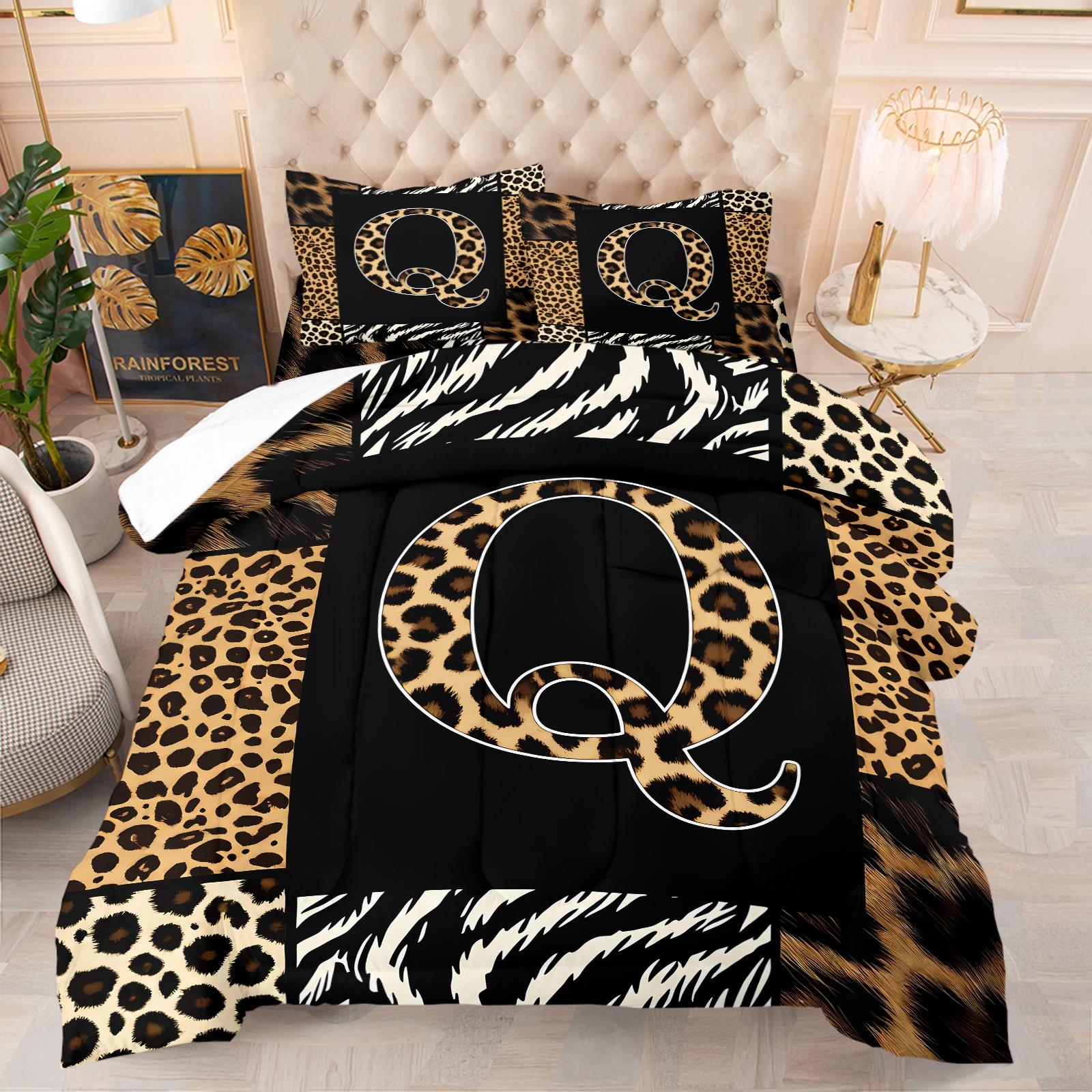 Wild Patchwork First Letter Print Comforter Set & 1-2 Pillowcases No Core, Leopard Print Letters A-Z, Zebra, Hair Texture Collage Pattern, Soft Warm Bedding, Wild Sexy Bedroom Decor, Ideal Gift Choice