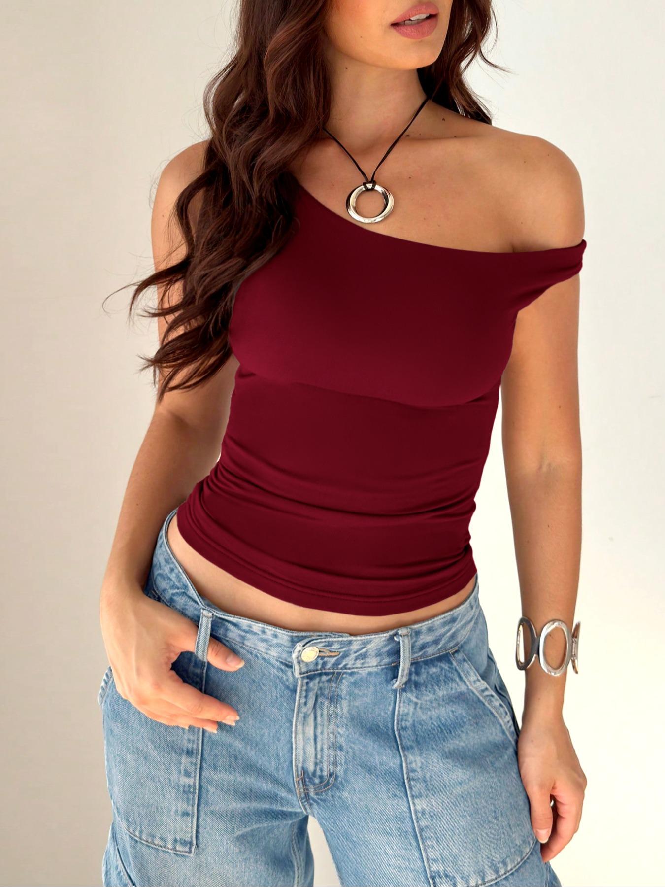 One Shoulder Women Top Sexy Off Shoulder Asymmetrical Neck Slim Fit Stretch Ruched Side Bodycon Tee Shirt Solid Wine Red Burgundy Y2K Going Out Party Club Night Out Date Casual Streetwear Summer Fall Fashion