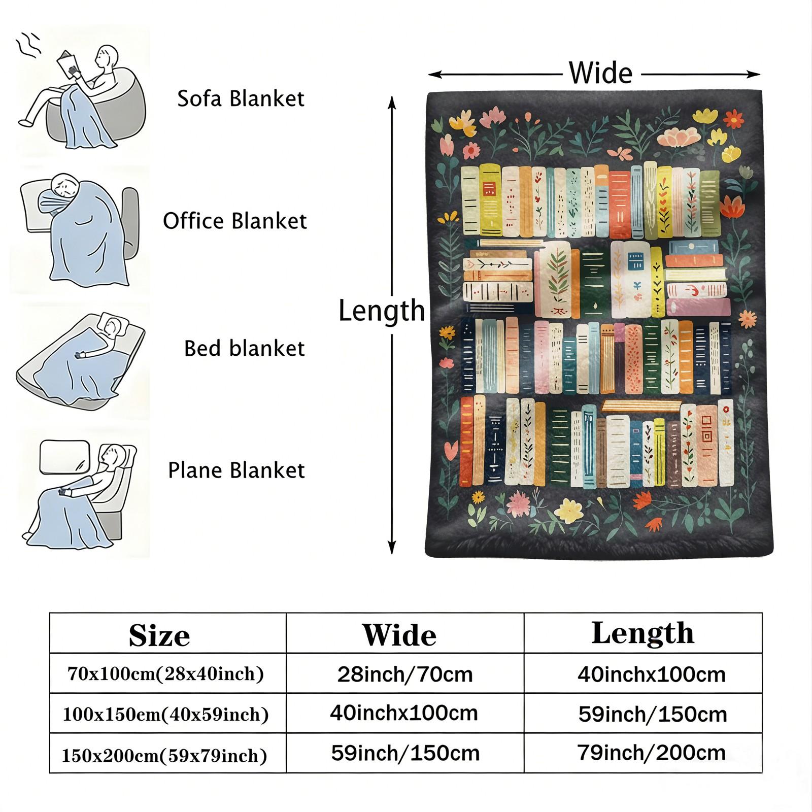 Bookish Floral Bookshelf Print Flannel Blanket, Aesthetic Botanical Warm Throw Blanket, Soft Cozy Nap Gift Blanket, Lightweight Decor Blanket for Couch Bed, All-Purpose Perfect Gift for Family and Friends