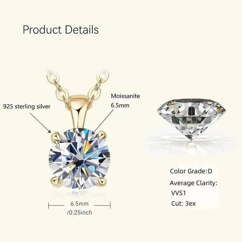 Ty 6.5mm 1 Carat D Moissanite Solitaire Drop Necklaces 18K Gold Plated Pendant Original Real 925 Silver Chain Jewelry For Women