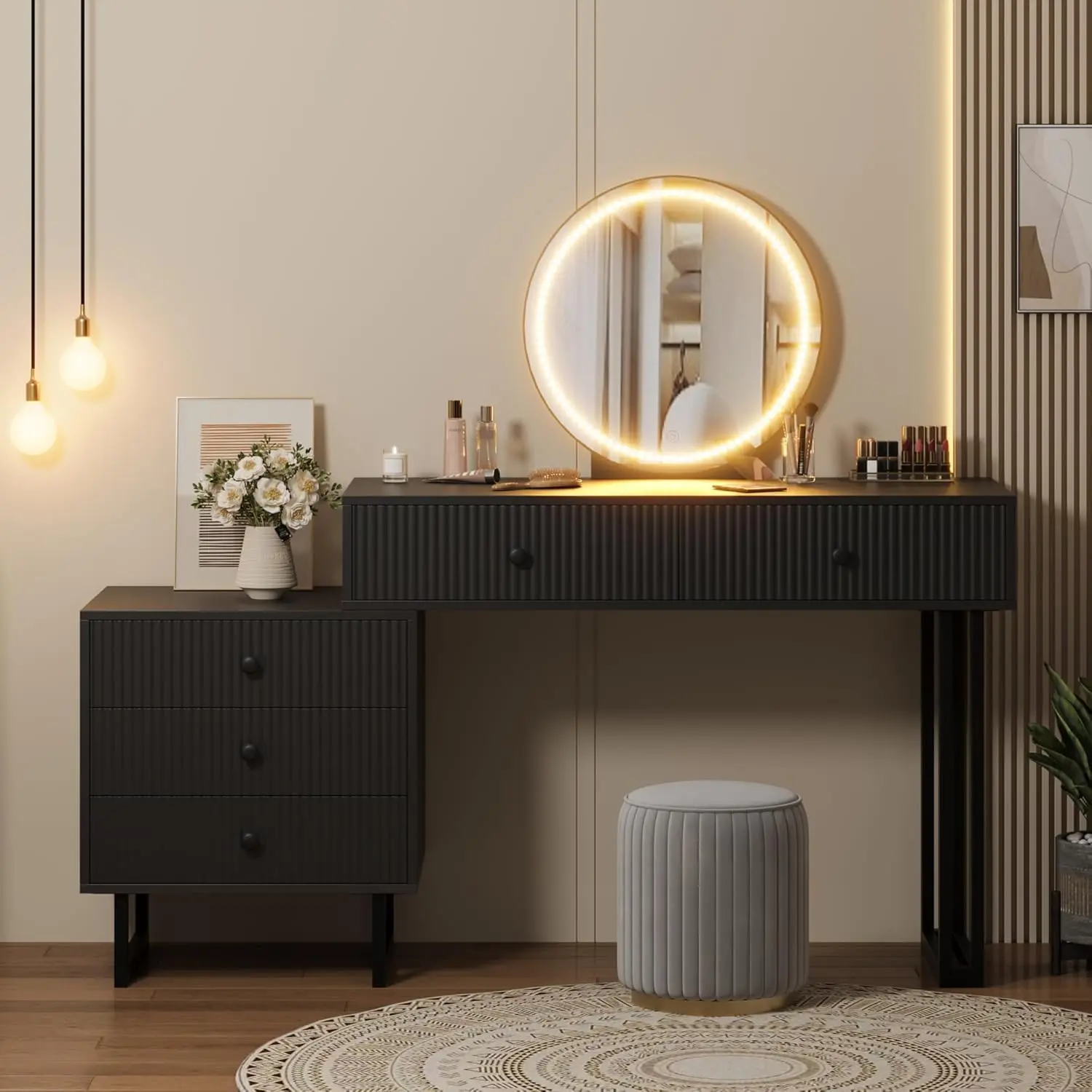 Modern Vanity Desk with Mirror & Adjustable LED Lights, 5 Drawers Makeup Organizer, Bedroom Dressing Table with 3 Lighting Modes, Contemporary Style