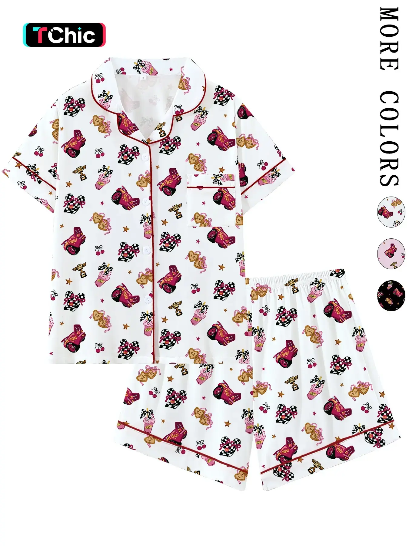 Coquette Racing Aesthetic Pajama Set | Cute Pink Race Car & Checkered Bow Print Sleepwear | Soft Short Sleeve Button Down Lounge Outfit with Red Piping | Fun 2-Piece Summer PJs | Sweet Novelty Nightwear Gift | Loungewear