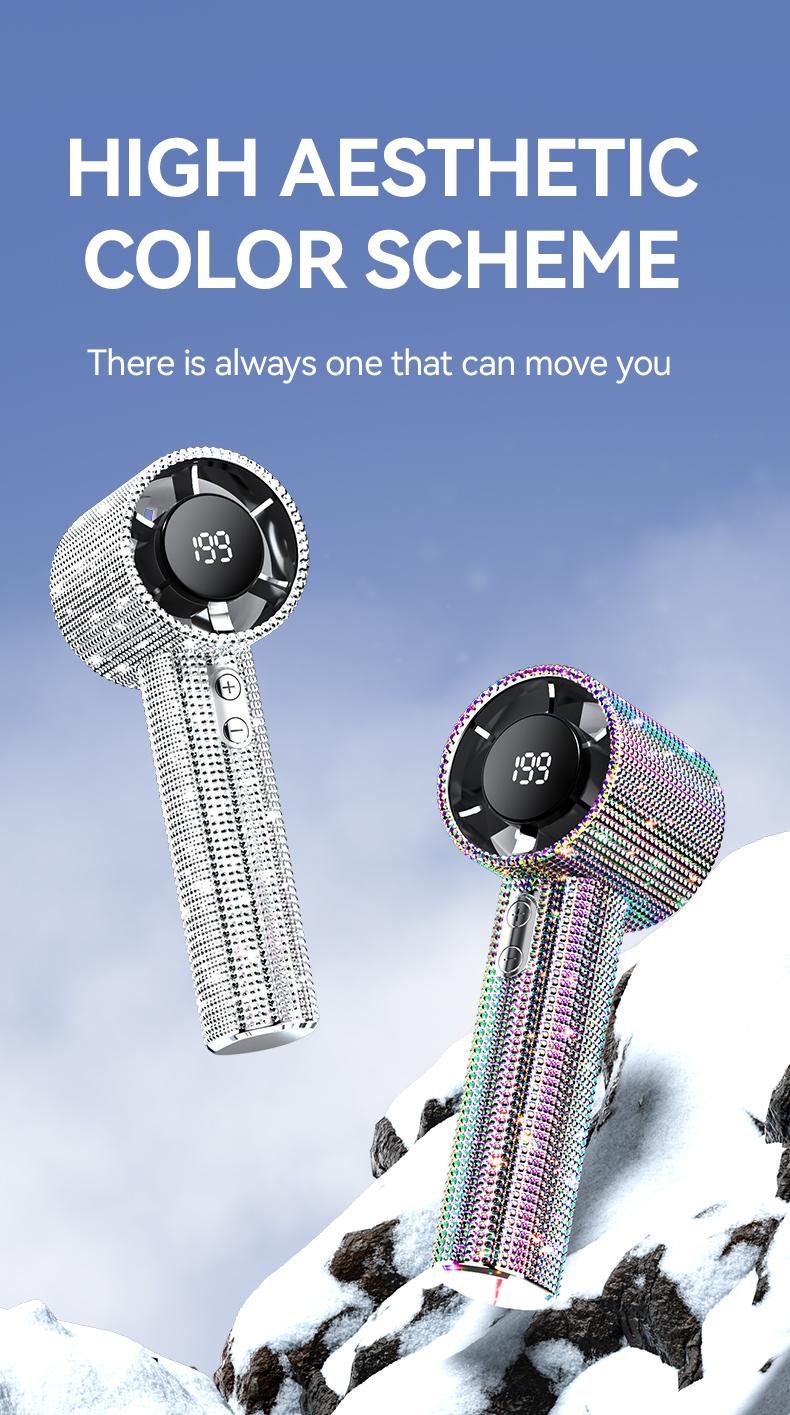 MGALL S5 Full Diamond Luxury Craftsmanship Portable Handheld Turbo Fan, 3 Gear Wind, Rechargeable Long  Battery Life Hand Fan With Digital Display For Outdoor Activities, Travel, Office,Wonmen's gift
