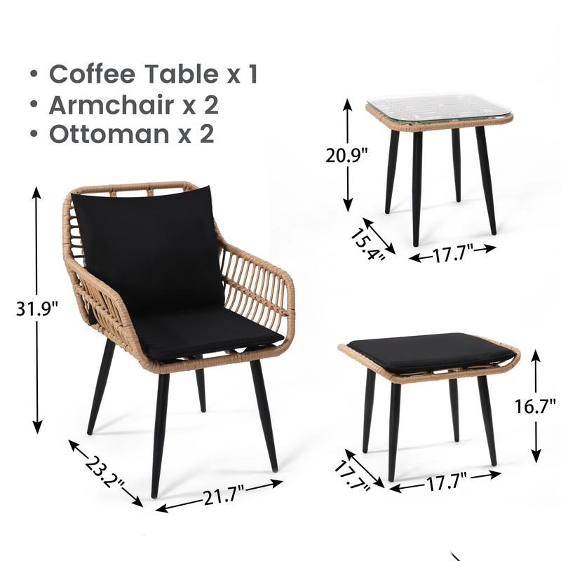 5 Piece Wicker Bistro Patio Conversation Furniture Set, Includes 2 Chairs, 2 Ottomans, and Side Table, Ideal for Porch, Balcony, Deck, Backyard, Natural