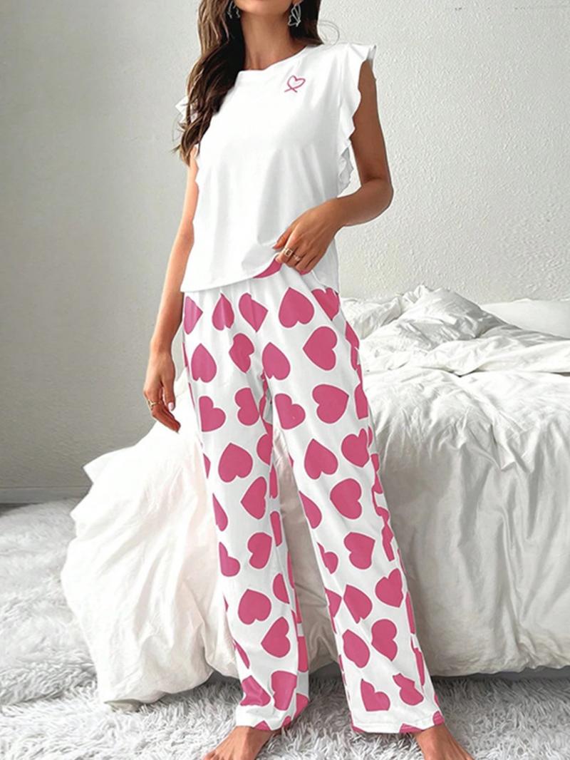 Two-Piece Set Women's Heart Print Round Neck Ruffled Sleeve Tee & Elastic Waist Pants Pajama Set, Regular Fit Casual Comfy Crew Neck Top & Trousers PJ Set, Ladies Summer Sleepwear