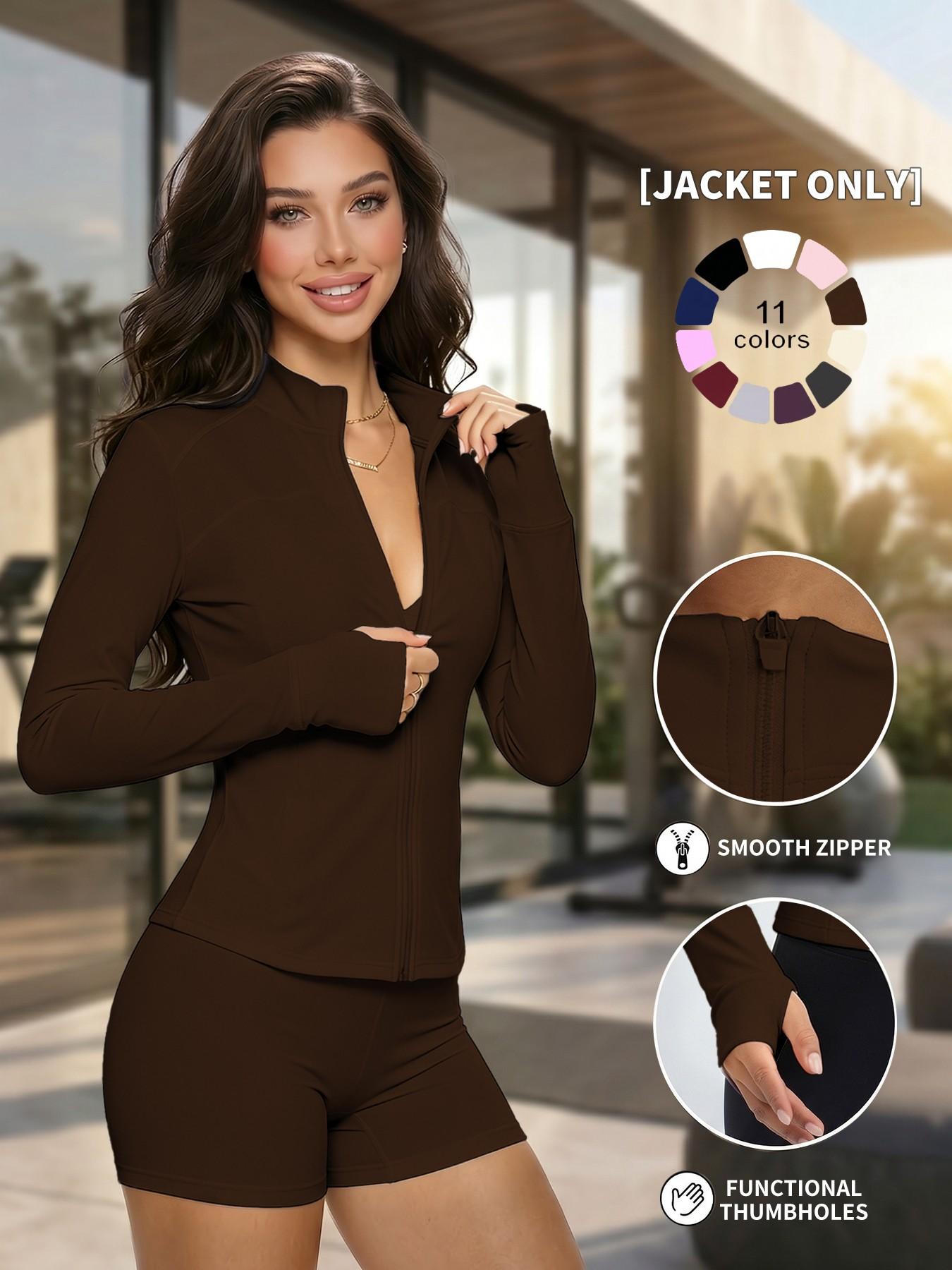 Women's Plain Zipper Yoga Top, Sporty Slim-Fit UV-Protective Jacket, V-Neck Long Sleeve, Spring Summer Outdoor Gym Wear, Activewear