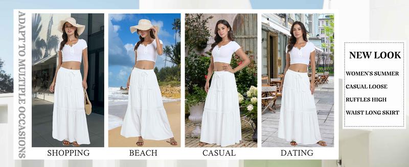Long Skirts for Women Boho Maxi Skirt Summer Swing Tiered A-Line Elastic High Waist White Skirt Fashion Long Skirts for Women Boho Maxi Skirt Summer Swing Tiered A-Line Elastic High Waist White Skirt Fashion