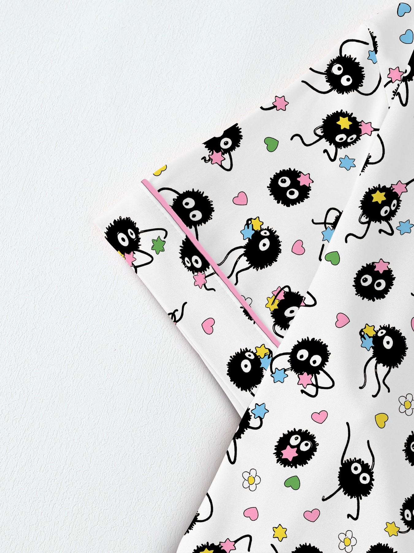 Cartoon Print Women's Pajama Set, Pjs, Comfortable Two-Piece, Short Sleeve Button-Up Top and Elastic Shorts, Casual Home Wear, Loungewear, Nightwear, Party Gift