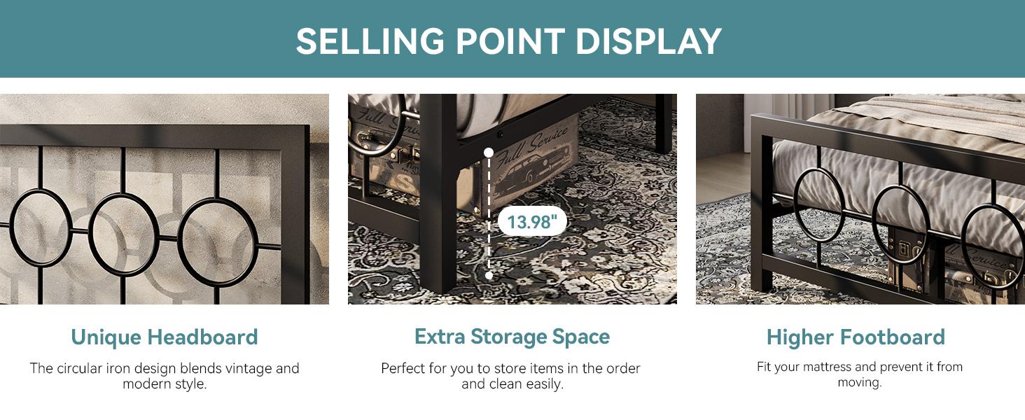 HOOMIC Metal Platform Bed Frame【Frame Only No Mattress】with Vintage Circular Design Headboard and Footboard,Extra Under-Bed Storage,Bedroom Furniture,No Box Spring Needed,Black/Brown,Twin/Full/Queen/King Size