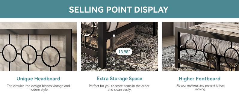 HOOMIC Metal Platform Bed Frame【Frame Only No Mattress】with Vintage Circular Design Headboard and Footboard,Extra Under-Bed Storage,Bedroom Furniture,No Box Spring Needed,Black/Brown,Twin/Full/Queen/King Size