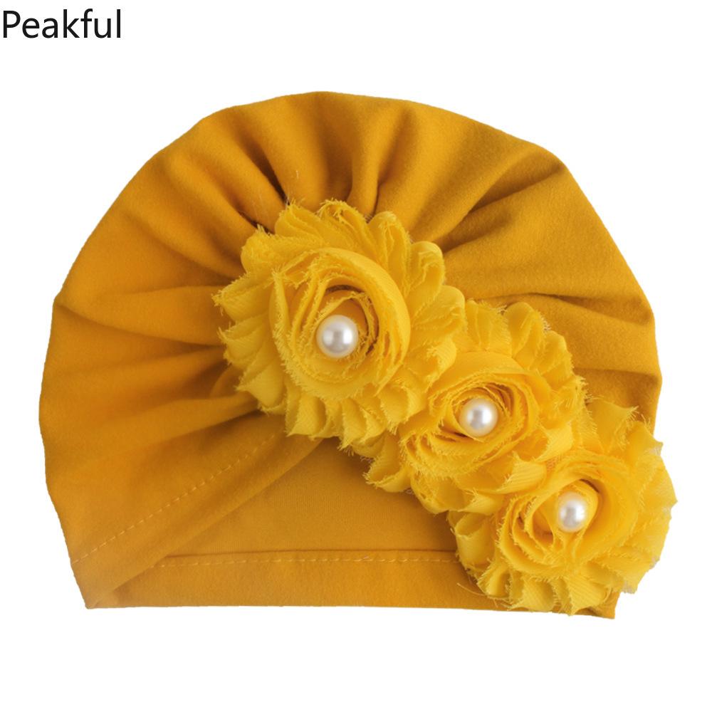 Kids Floral Pearl Decor Turban Hat, Popular Soft Cotton Baby Headwear, Elegant Toddler Headwrap, comfortable elastic design & charming flower details, great for casual outings, birthday parties and newborn photography