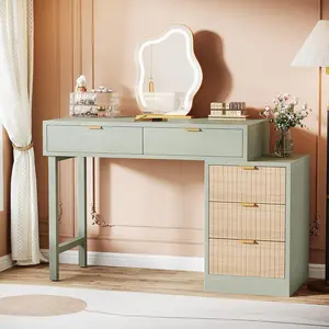 Modern Compact Small Makeup Vanity Desk Without Mirror Narrow Sized Wooden Dressing Table with Five Large Storage Drawers Space Saving Bedroom Vanity Furniture for Cosmetics Skincare Beauty Accessories Storage living room