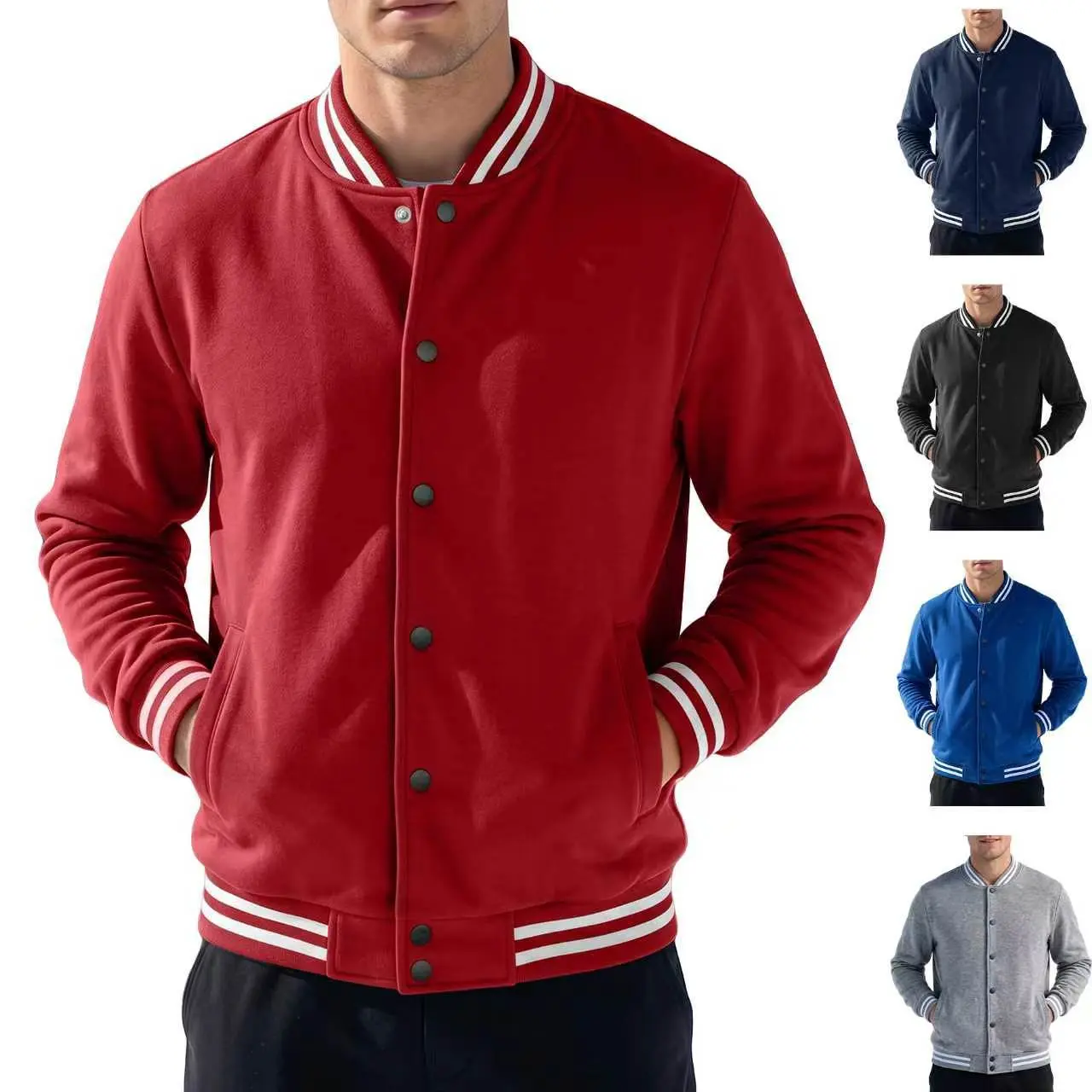 Men's Autumn Winter American Style Stand Collar Baseball Jacket Fleece Lined Loose Fit Casual Sportswear Outerwear Button Up Long Sleeve Varsity Coat With Side Pockets Soft Warm Daily Outer Layer Matching With All Kinds Of Trousers Striped Classic