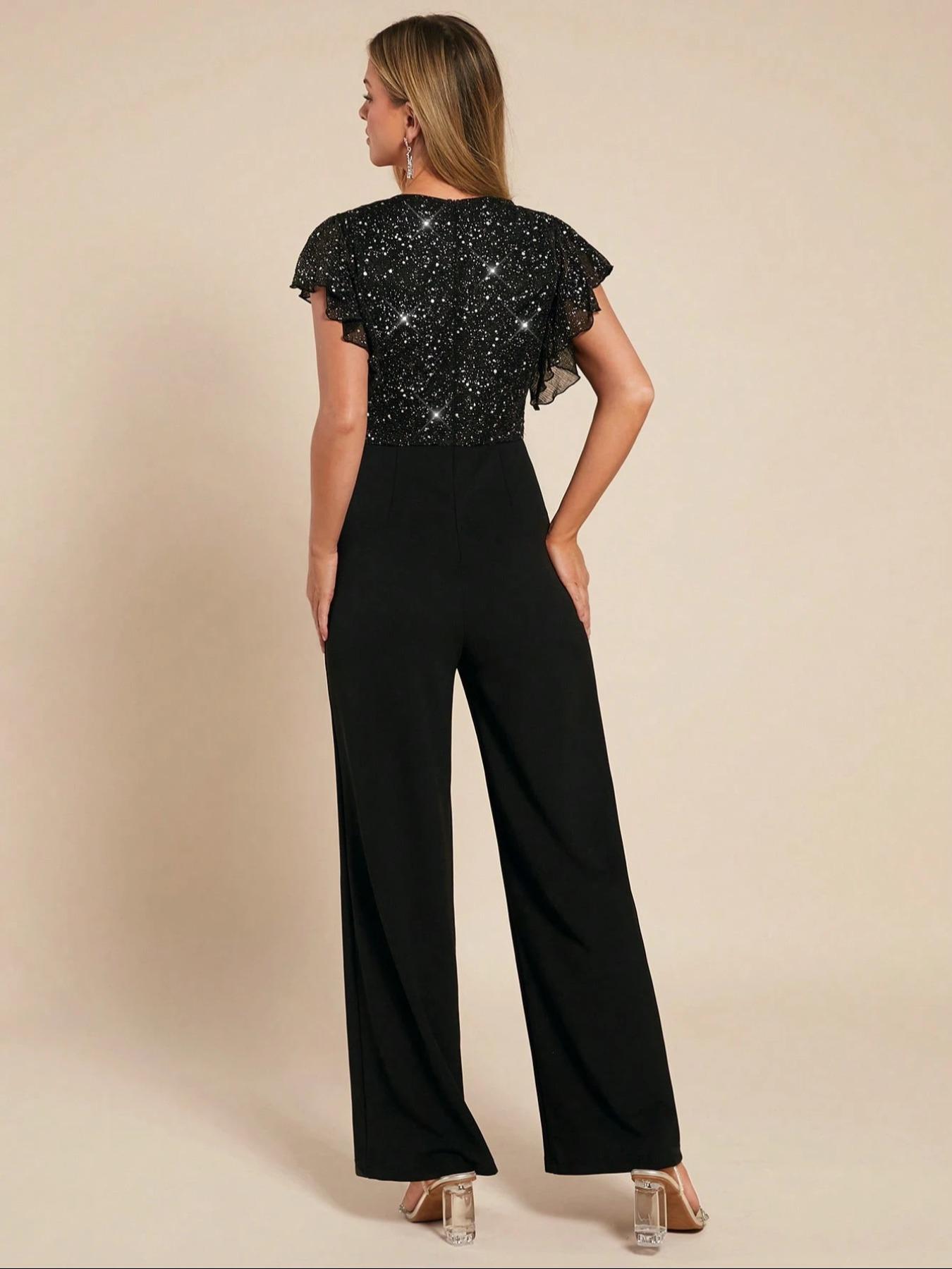 Elegant V-Neck Sequined Ruffle Wide-Leg Jumpsuit, Valentine's Day Candlelight Dinner, Matte Drapey Women's Romper