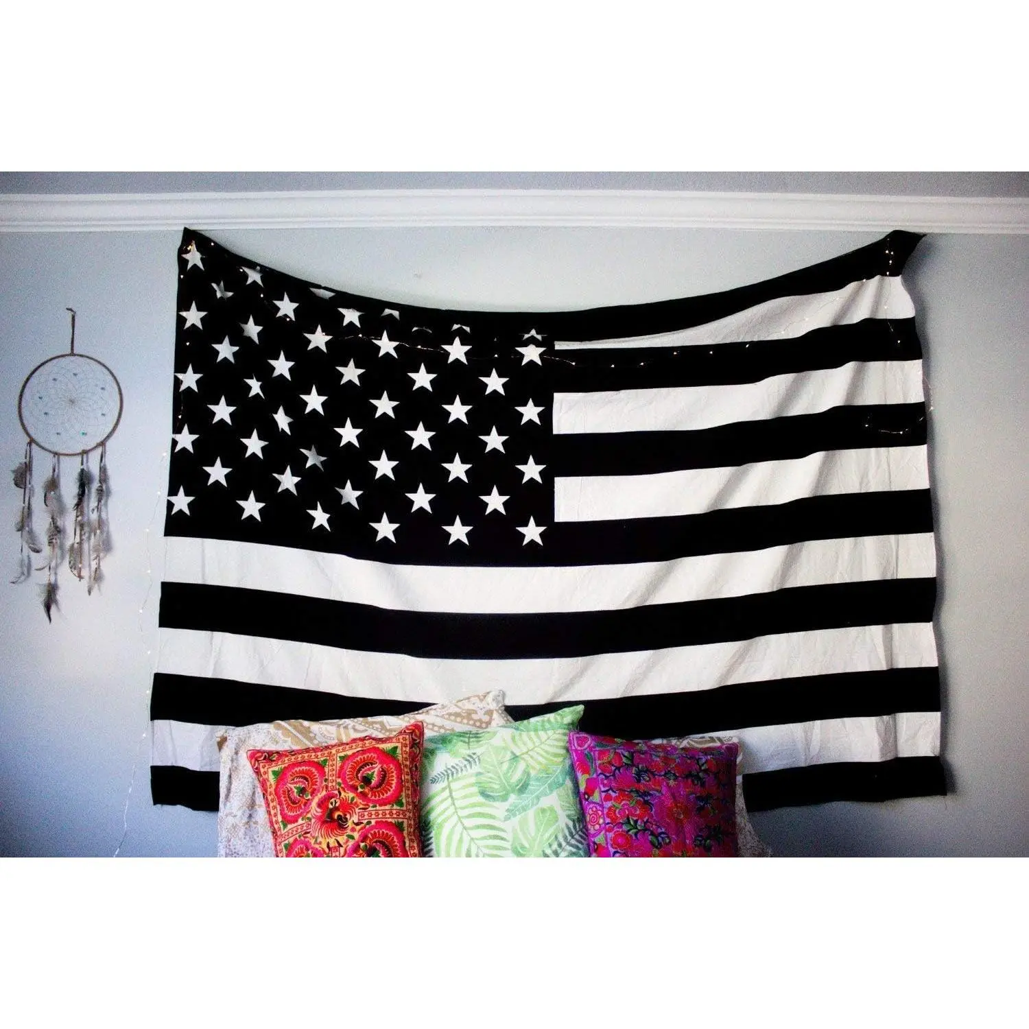 Bohemian Rectangular Flag Print Tapestry - Black and White Vintage American Flag Design, Indian Hippie Wall Decor, Cotton Mandala Bedspread, Dorm Beach Cover-Up