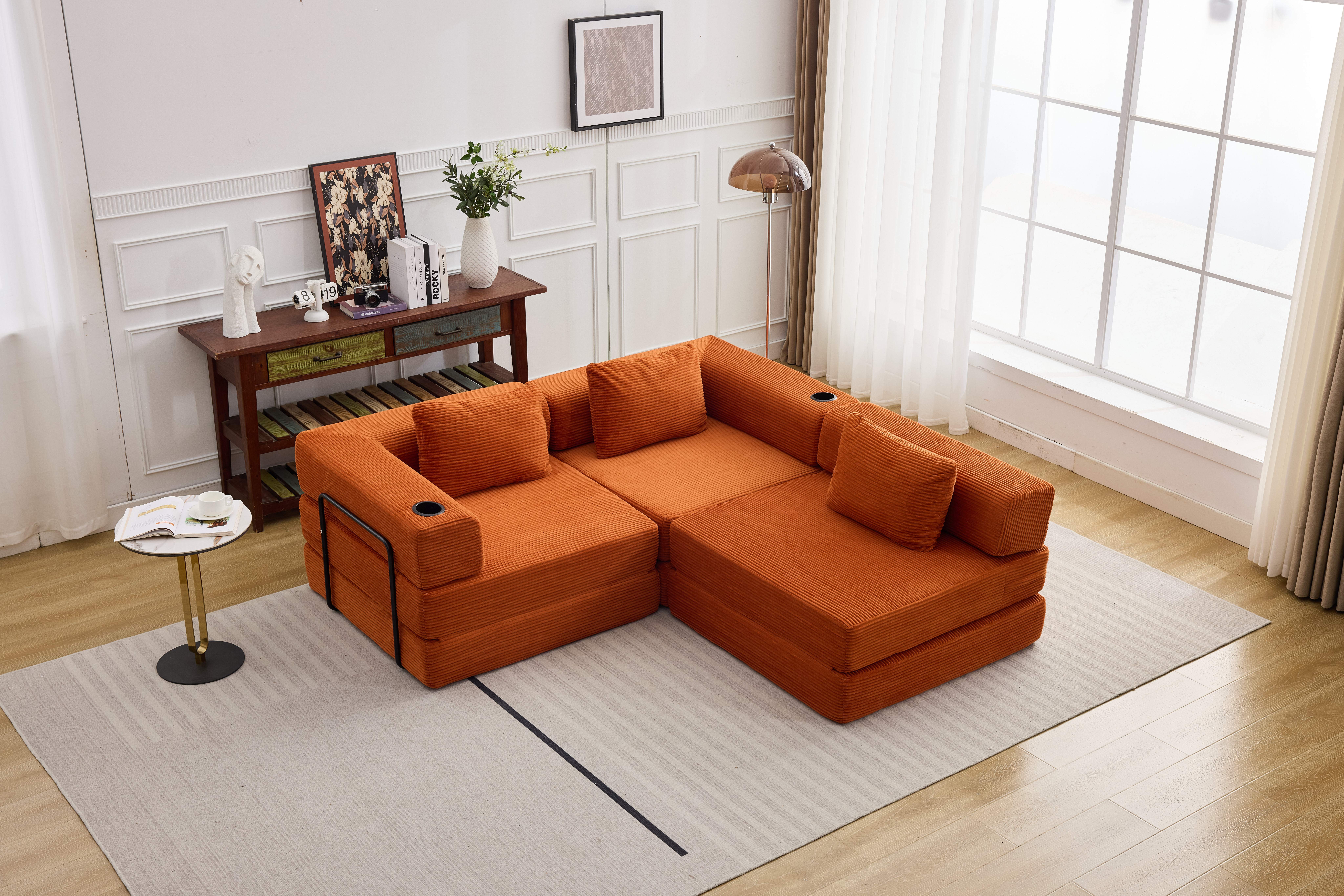 QAK 115" Modular Floor Sofa Bed with Two Cup Holders High-Quality Corduroy Fabric Free Combination Design Premium Sponge Padding Multifunctional for Small Spaces Living Room Mattress