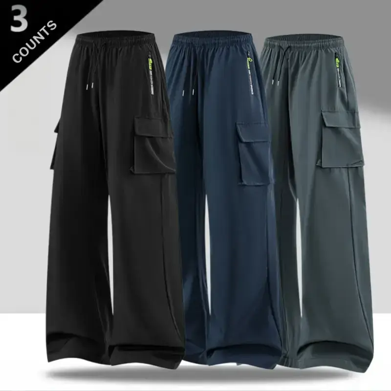 Unisex dual large pocket wide leg parachute cargo pants – high elastic drawstring waist, side zip pocket, smooth quick dry wrinkle resistant drapey fabric, American high street techwear baggy trousers for skateboarding, camping & commuting