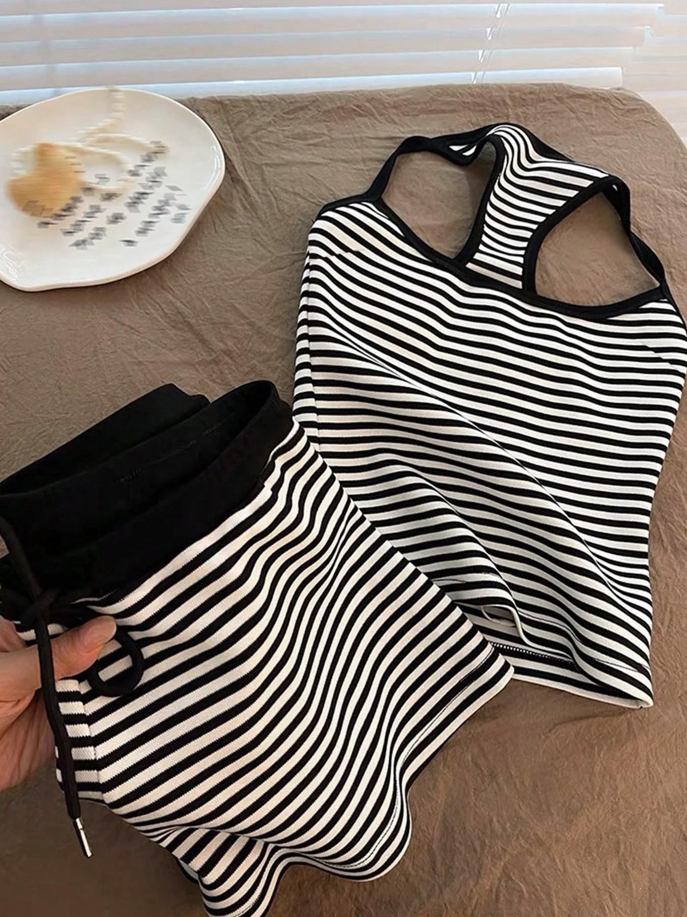 Basic Striped Casual Matching Set for Women - Halter Sleeveless Crop Top &  Shorts Beach Vacation Outfits