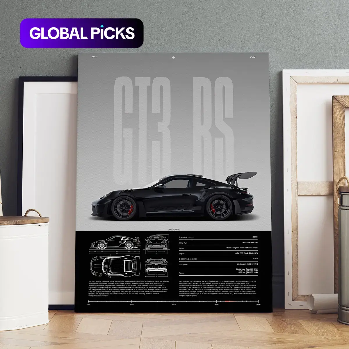 Wooden-Framed Canvas Painting, High-Performance GT3 RS Specification Poster, Modern Canvas Wall Art for Living Room, Bedroom & Office Decoration, Modern Home Decor, Fashion Artistic Ornaments, Artwork, Decoration Items