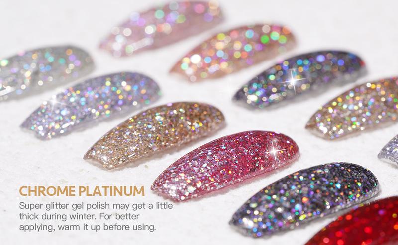 GAOY Chrome Platinum Glitter Gel Nail Polish Set of 6 Colors Including Sparkly Shiny Black Silver Pink Gel Polish Kit U V LED Soak Off Nail Polish Home DIY Christmas Gift Idea Manicure Nail Salon Varnish