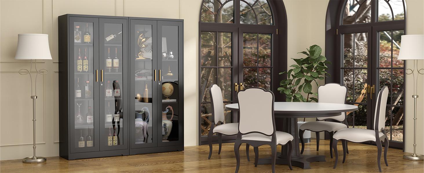 71-inch steel-framed glass display cabinet with lock and 5 adjustable shelves for collectibles, books, and wine. Freestanding cabinet Freestanding cabinet Kitchen furniture Freestanding Cupboard storage cabinets