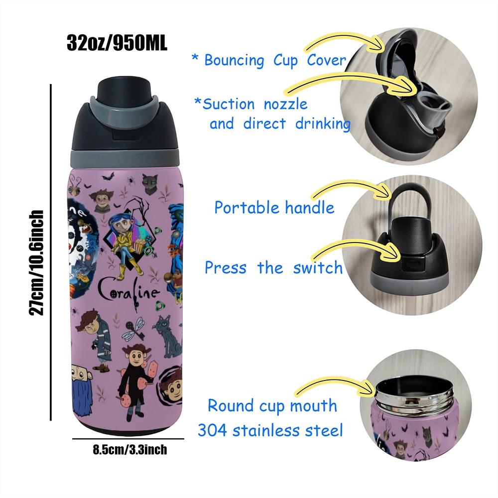 1pc 32oz Coraline Cartoon Insulated Water Bottle, Double‑Wall Stainless Steel Portable Travel Tumbler, Horror Animation Character Print, Flip Spout Lid, Leak‑Proof Reusable Cup, For Daily School Outdoor, Animation Fan Collectible Gift